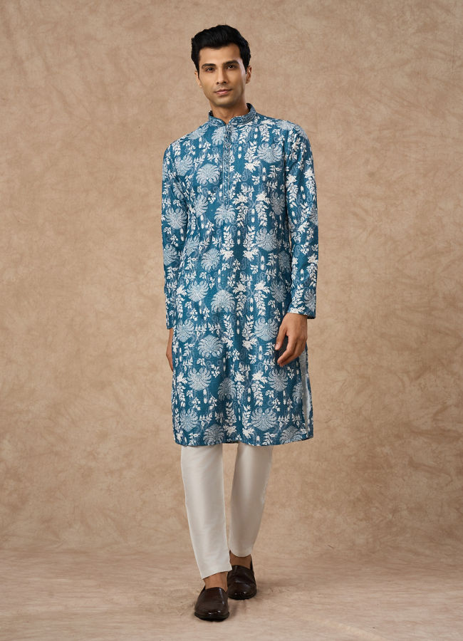 Manyavar Men Greyish Blue Blended Cotton Kurta Pajama with Printed