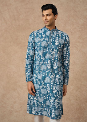 Manyavar Men Greyish Blue Blended Cotton Kurta Pajama with Printed