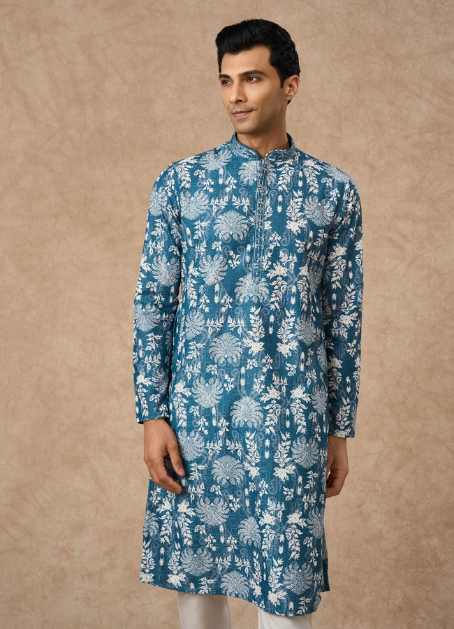 Manyavar Men Greyish Blue Blended Cotton Kurta Pajama with Printed