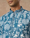 Manyavar Men Greyish Blue Blended Cotton Kurta Pajama with Printed
