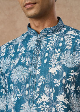 Manyavar Men Greyish Blue Blended Cotton Kurta Pajama with Printed