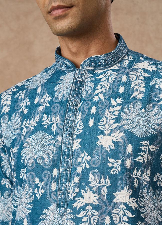 Manyavar Men Greyish Blue Blended Cotton Kurta Pajama with Printed