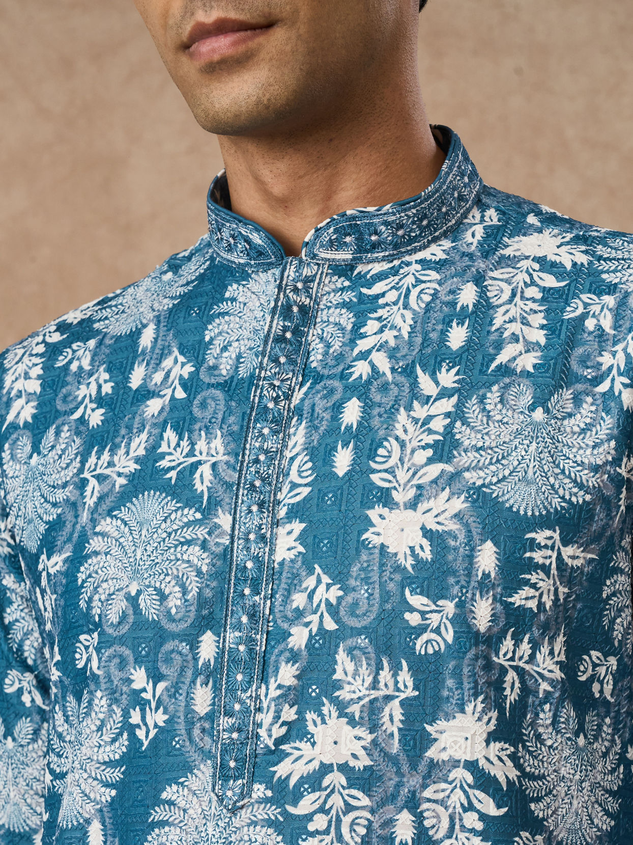 Manyavar Men Greyish Blue Blended Cotton Kurta Pajama with Printed