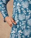 Manyavar Men Greyish Blue Blended Cotton Kurta Pajama with Printed