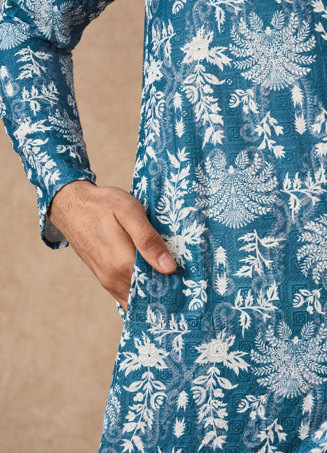 Manyavar Men Greyish Blue Blended Cotton Kurta Pajama with Printed