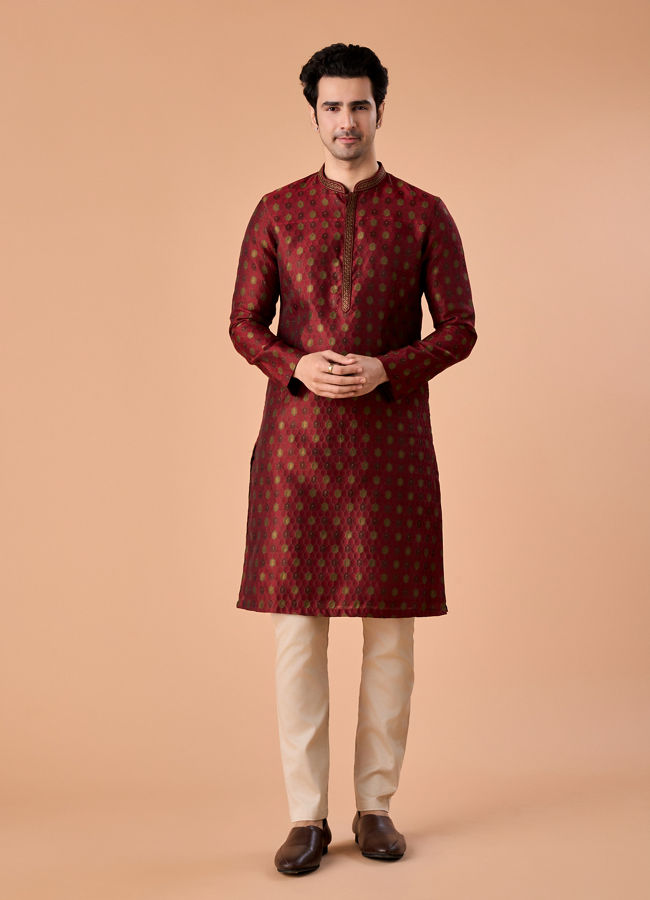 Manyavar Men Maroon Majesty Brocade Kurta Pajama