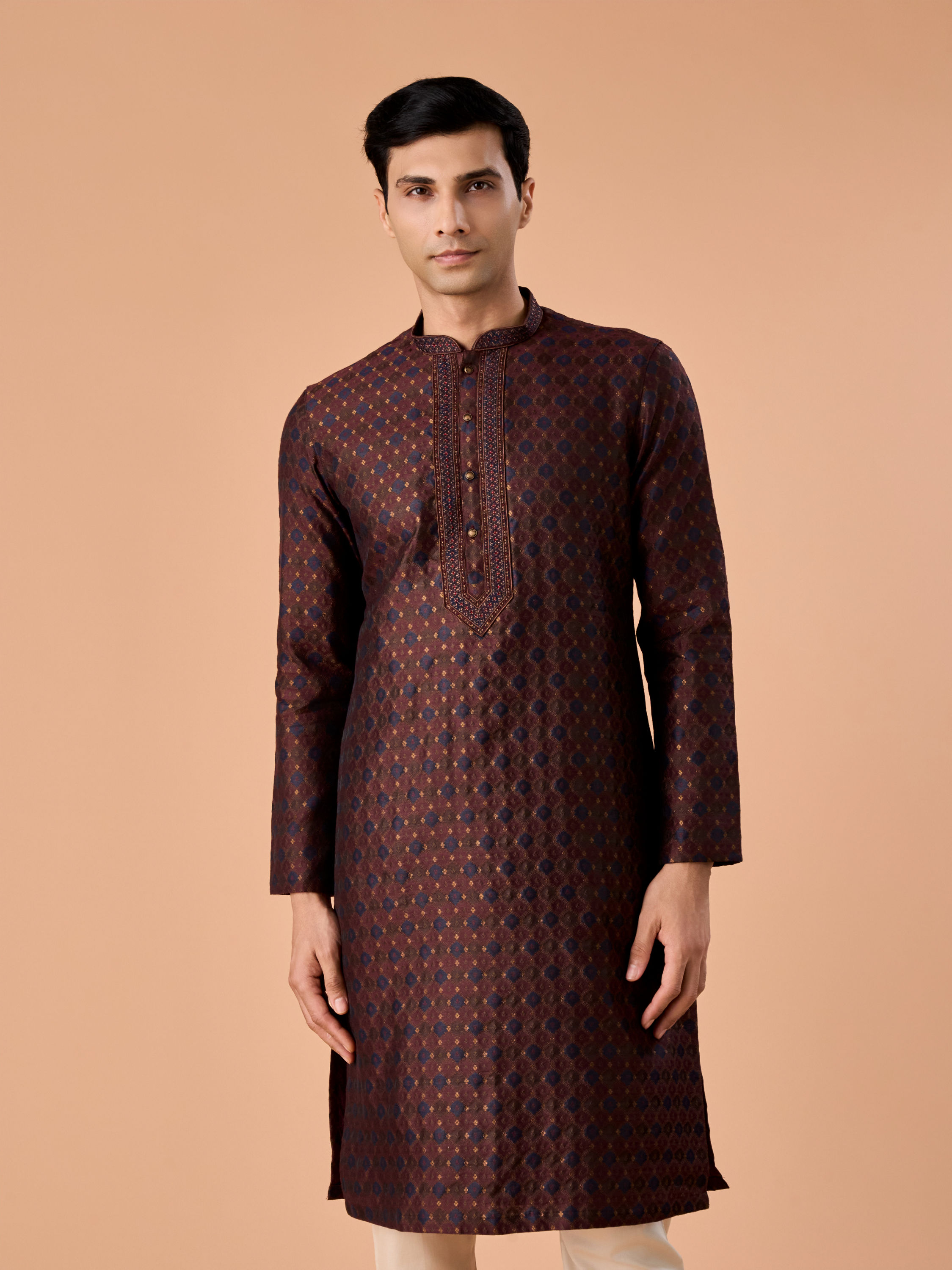 Manyavar Men Classic Brown Brocade Kurta Pajama