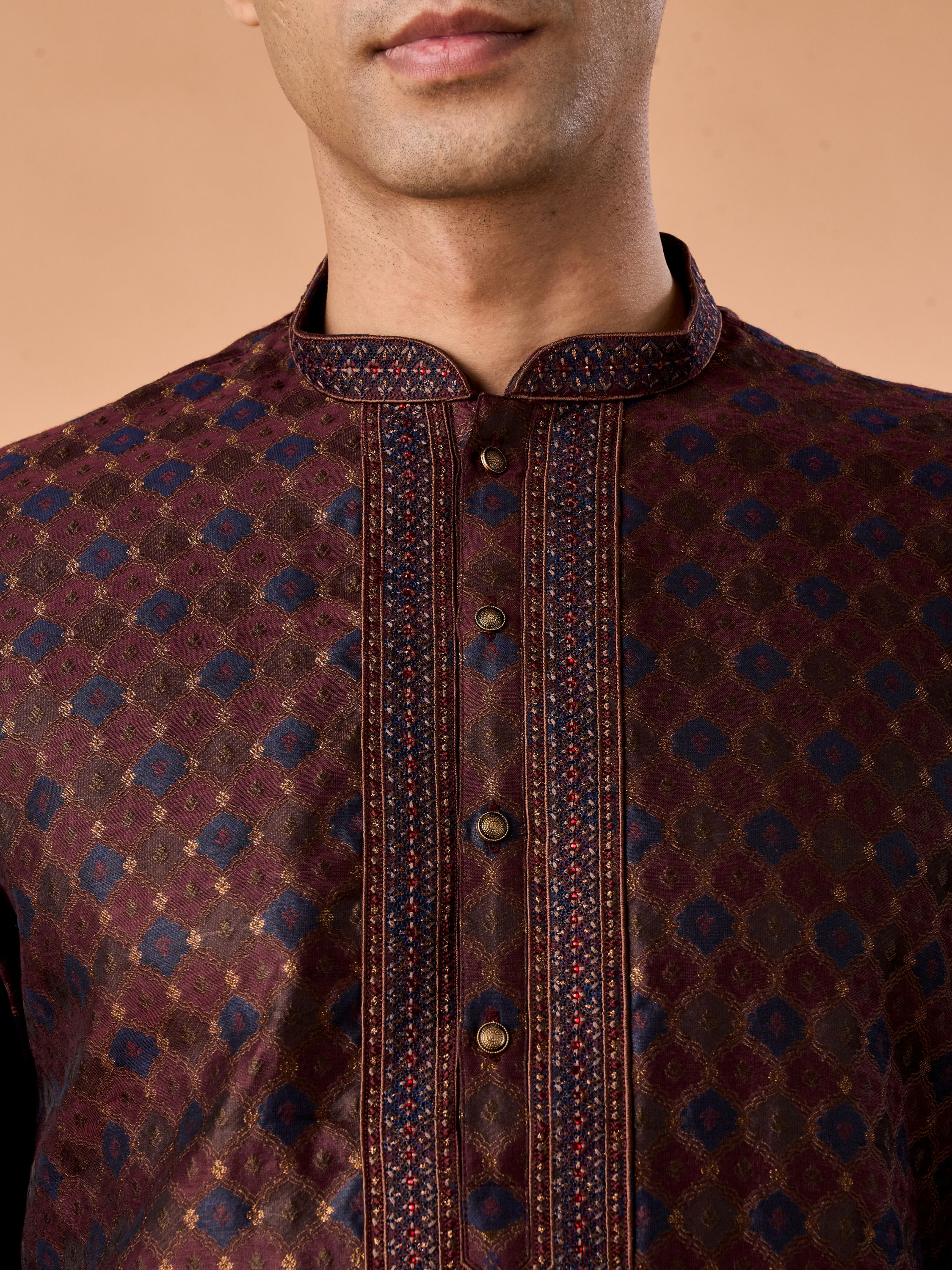 Manyavar Men Classic Brown Brocade Kurta Pajama