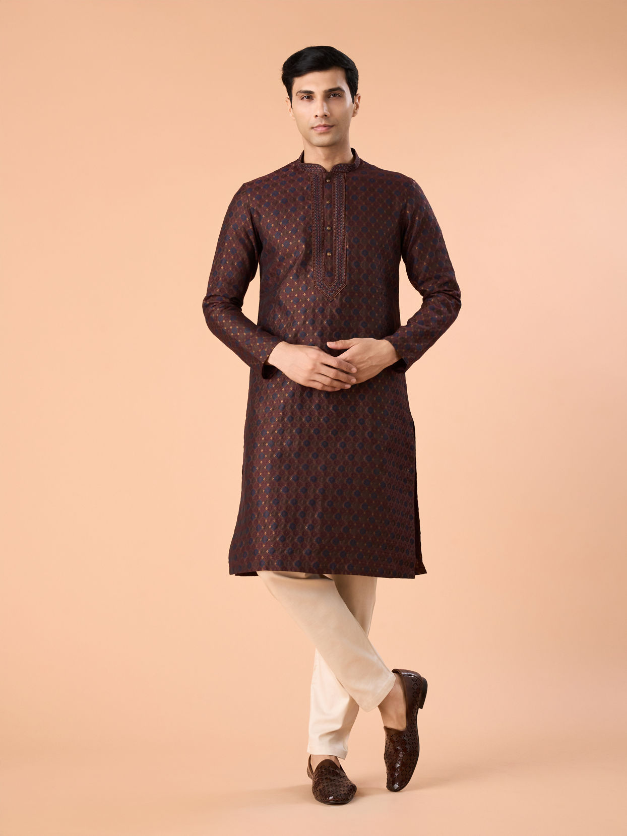 Manyavar Men Classic Brown Brocade Kurta Pajama