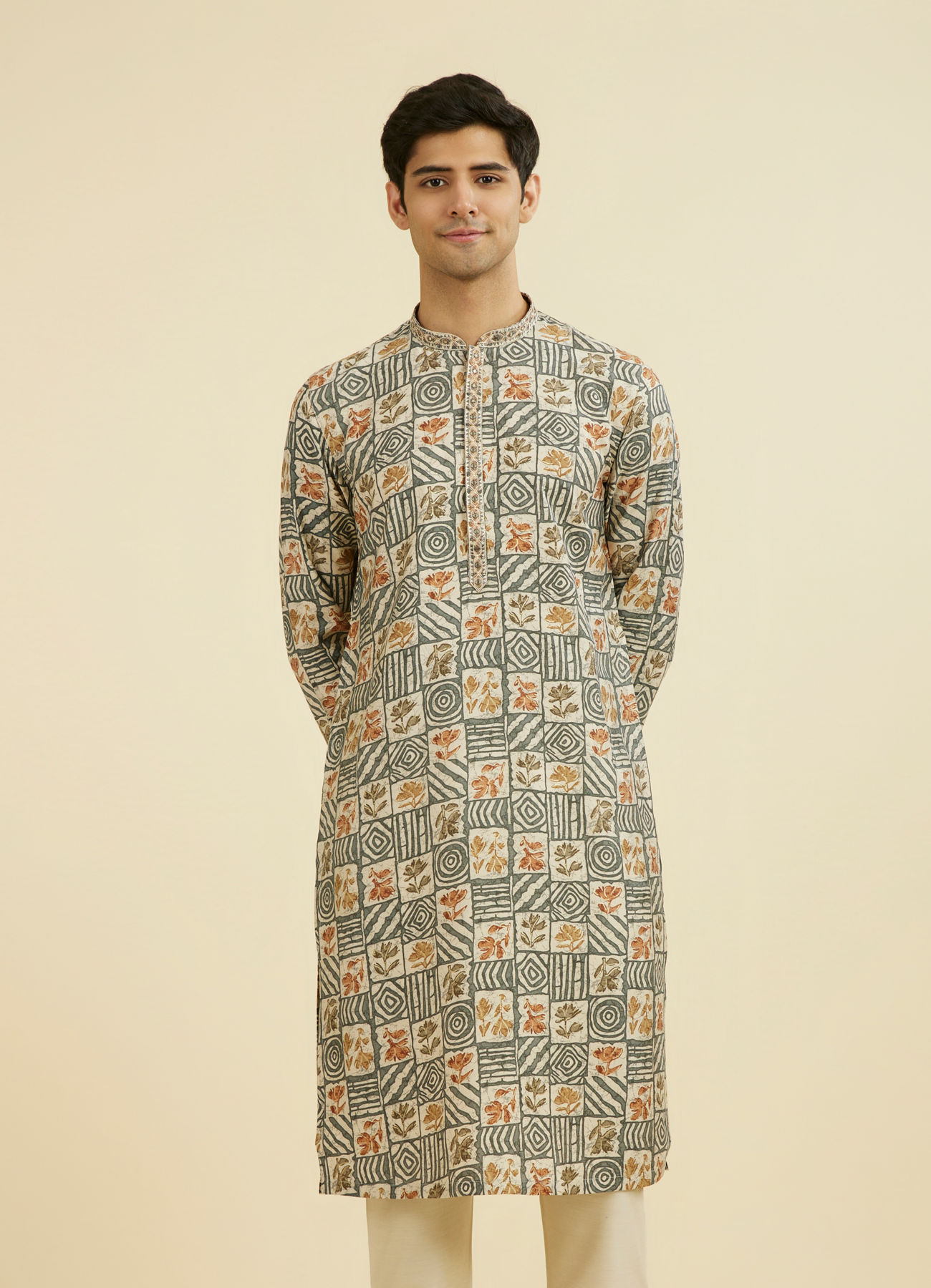 Manyavar Men Cream-Dark Grey Kurta Pajama