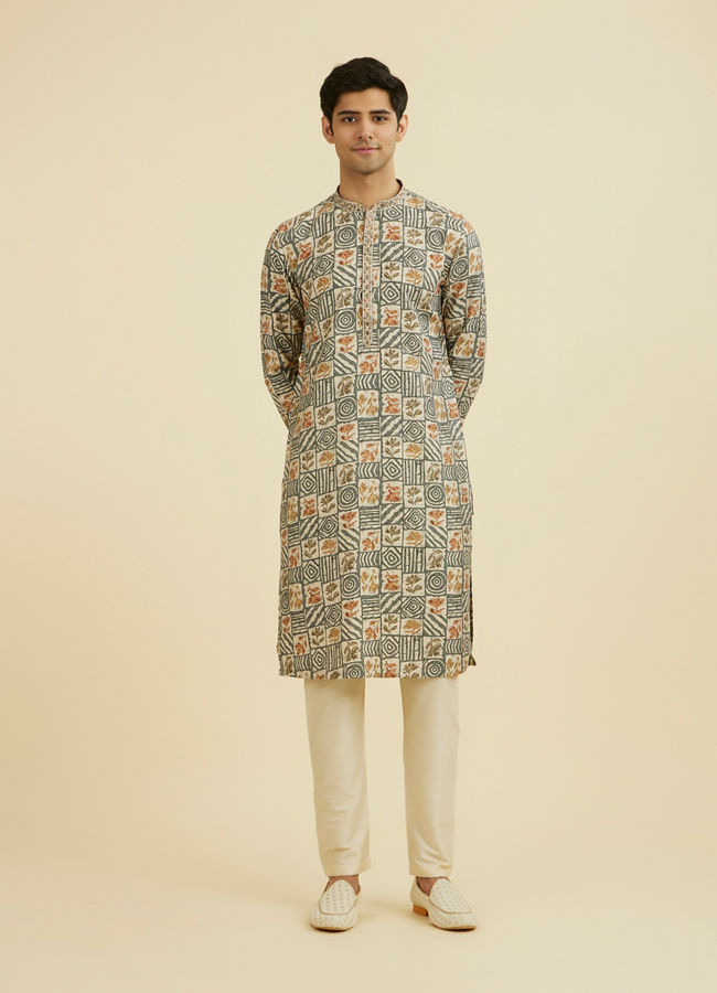 Manyavar Men Cream-Dark Grey Kurta Pajama