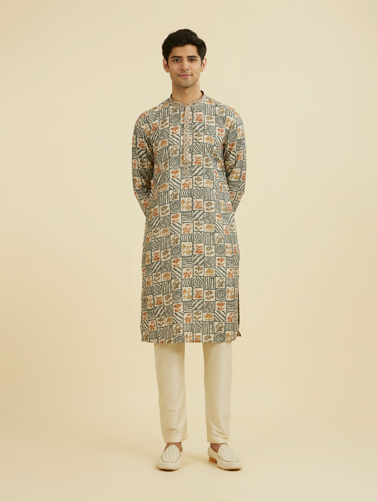 Manyavar Men Cream-Dark Grey Kurta Pajama