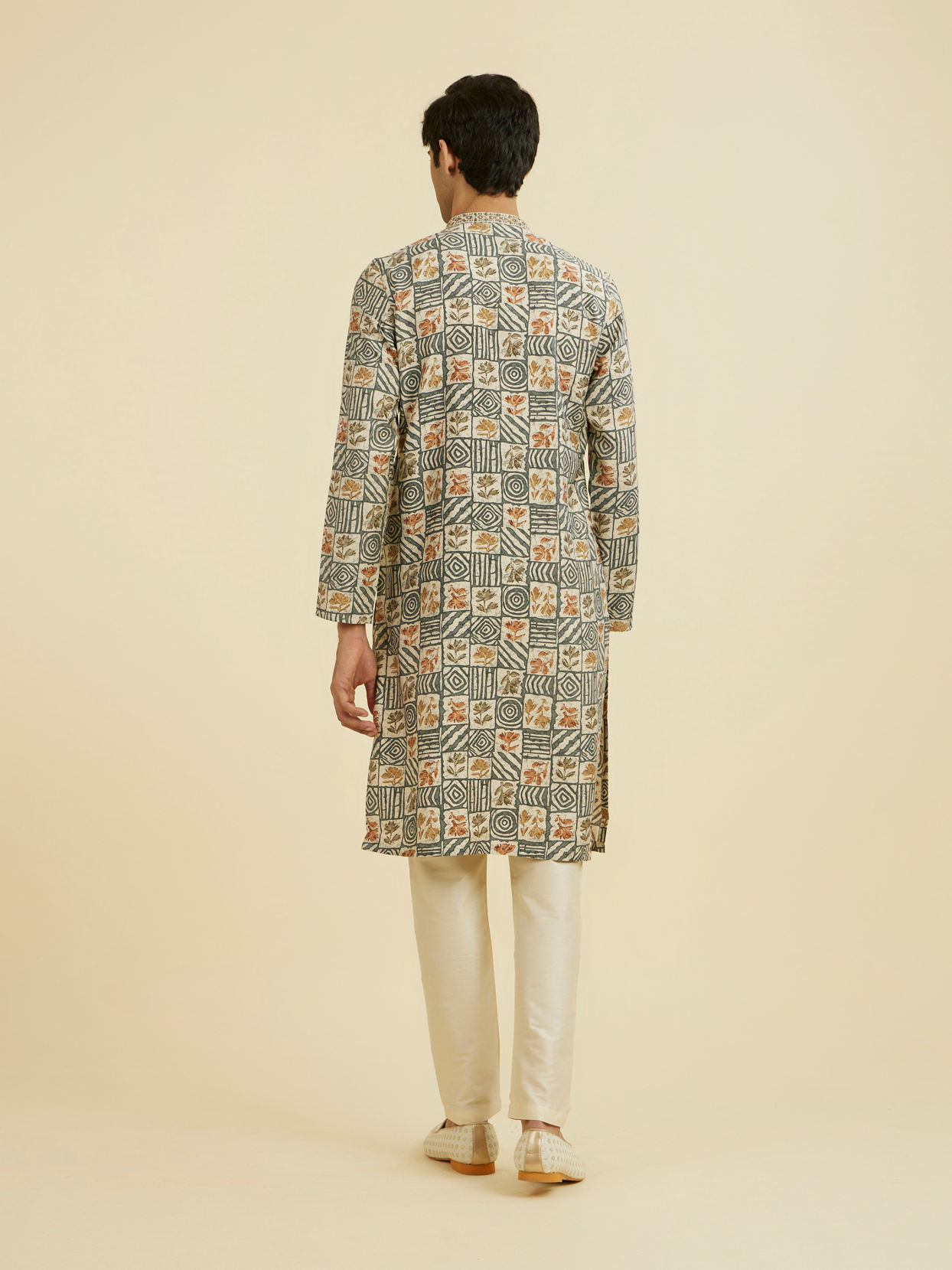 Manyavar Men Cream-Dark Grey Kurta Pajama