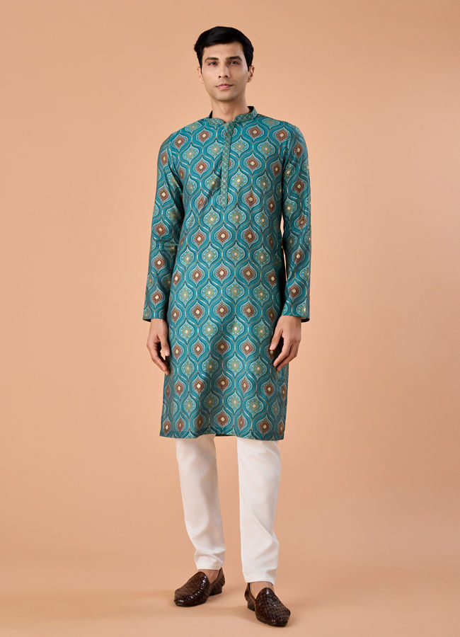 Manyavar Men Charming Teal Blue Kurta Pajama