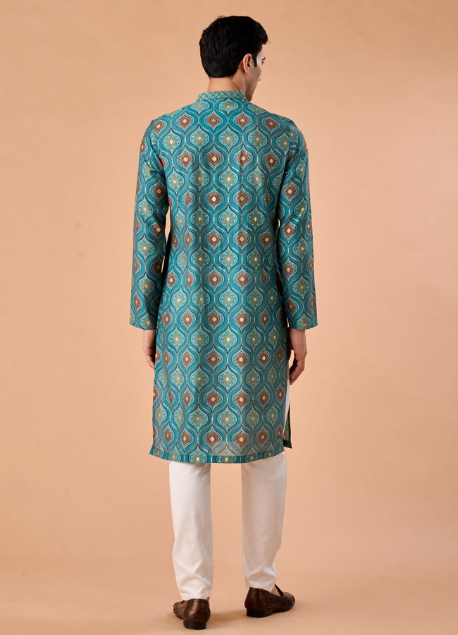 Manyavar Men Charming Teal Blue Kurta Pajama