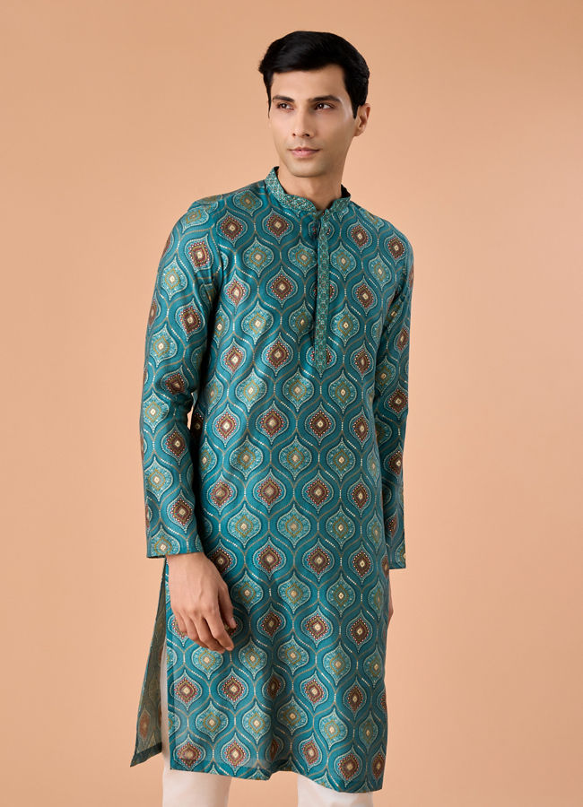 Manyavar Men Charming Teal Blue Kurta Pajama
