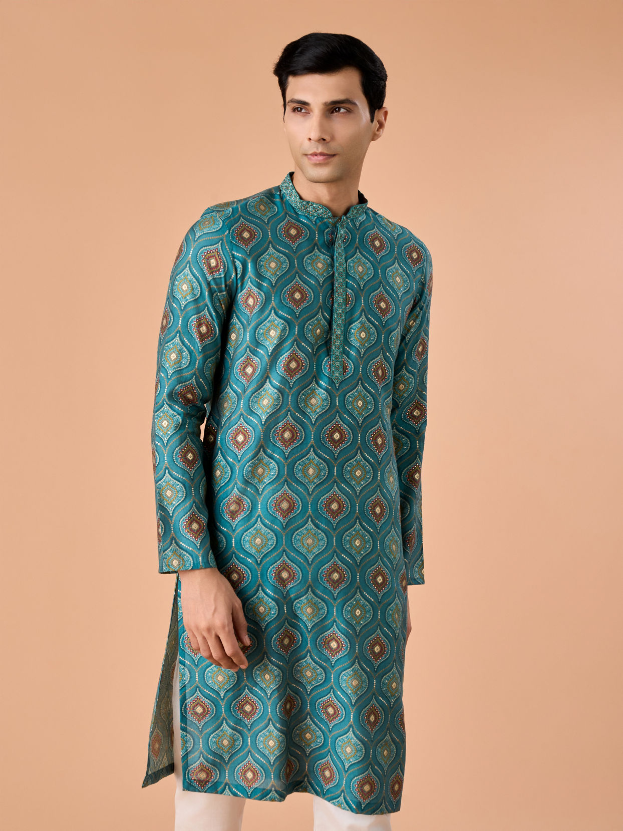 Manyavar Men Charming Teal Blue Kurta Pajama