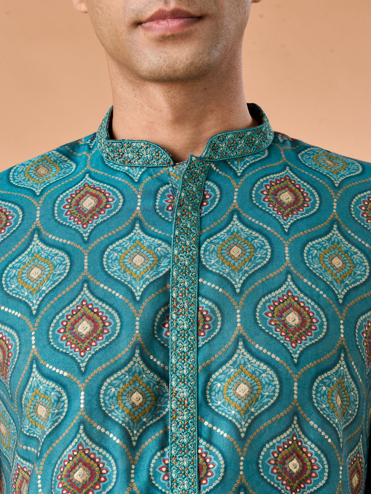 Manyavar Men Charming Teal Blue Kurta Pajama
