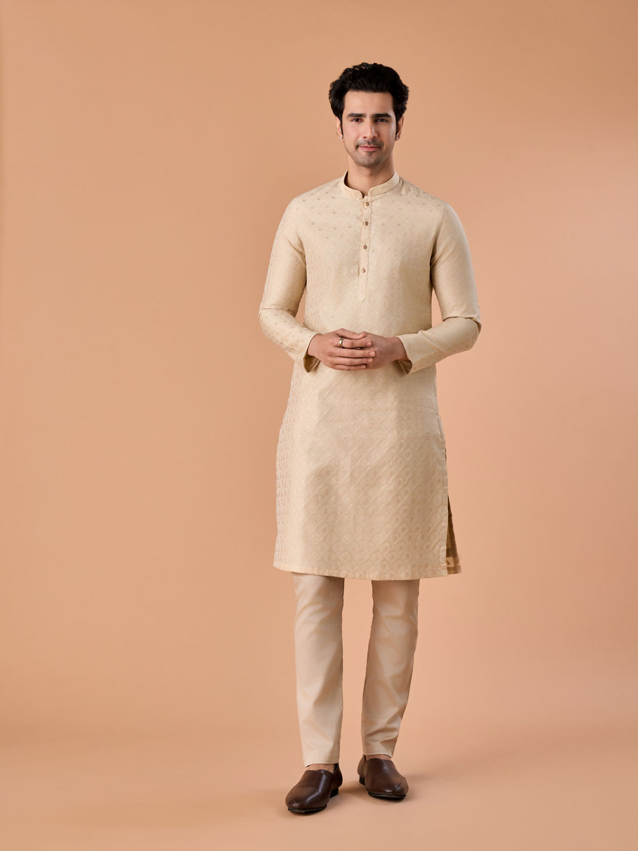 Manyavar Men Beige Art Silk Elegance Kurta Pajama