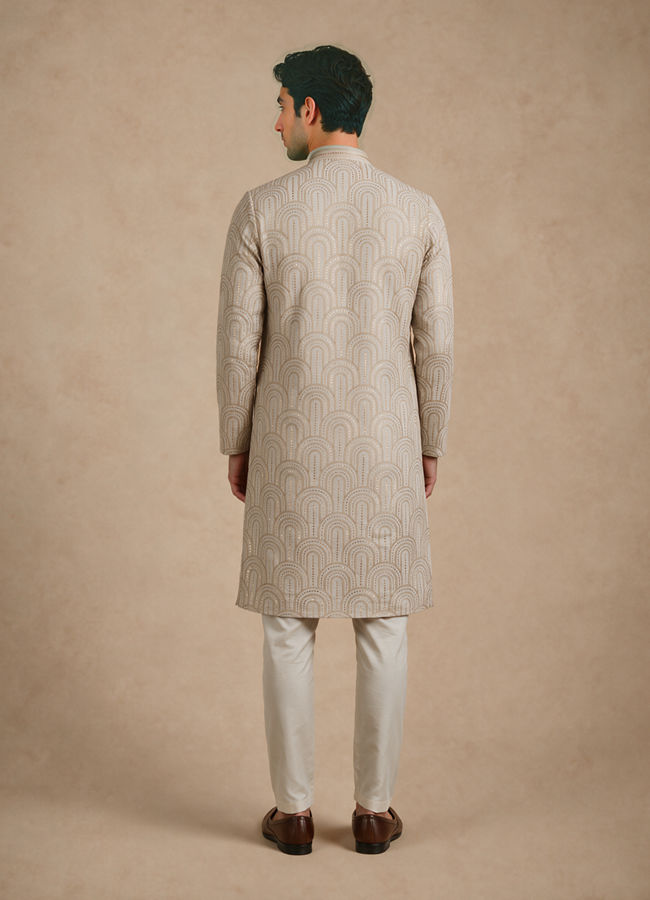 Manyavar Men Beige Embroidered Blended Cotton Kurta Pajama