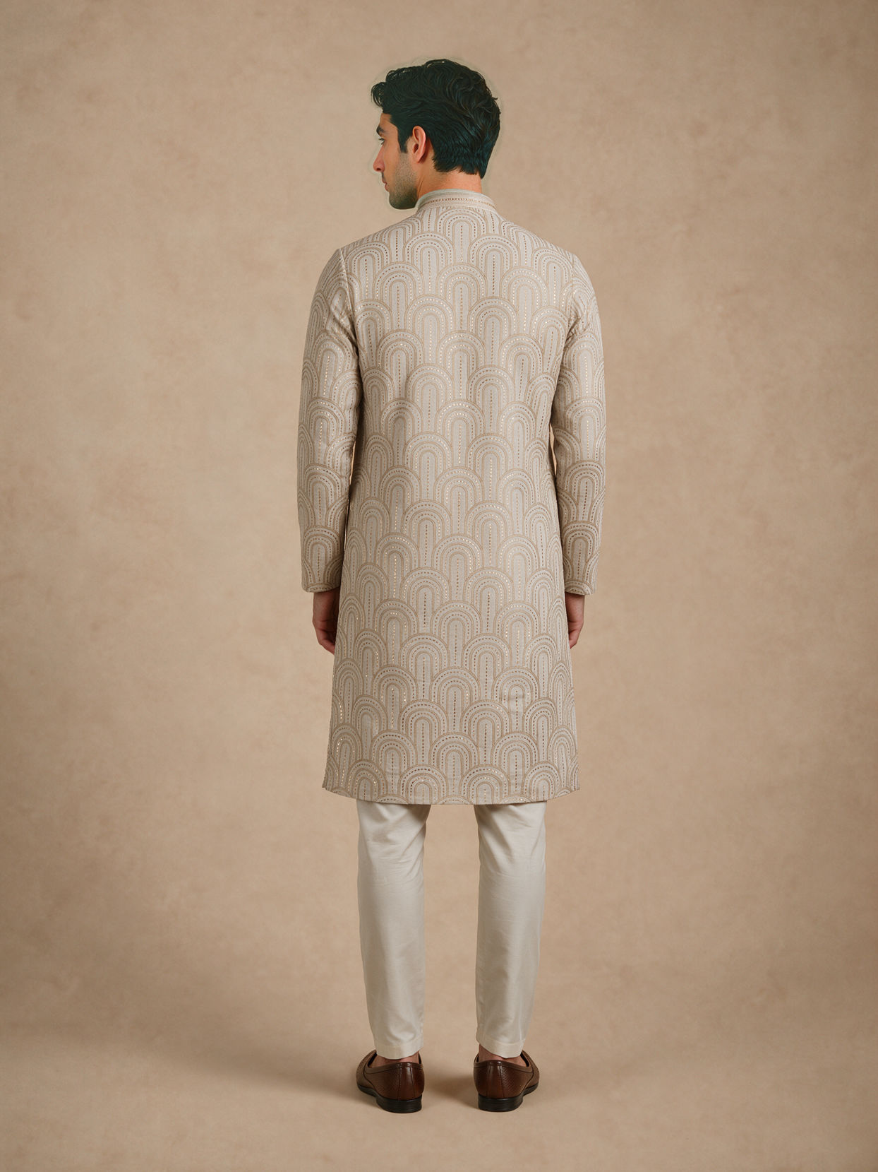 Manyavar Men Beige Embroidered Blended Cotton Kurta Pajama
