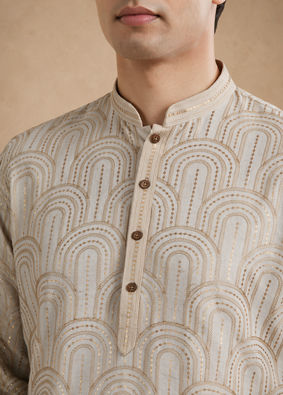 Manyavar Men Beige Embroidered Blended Cotton Kurta Pajama