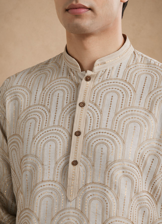 Manyavar Men Beige Embroidered Blended Cotton Kurta Pajama
