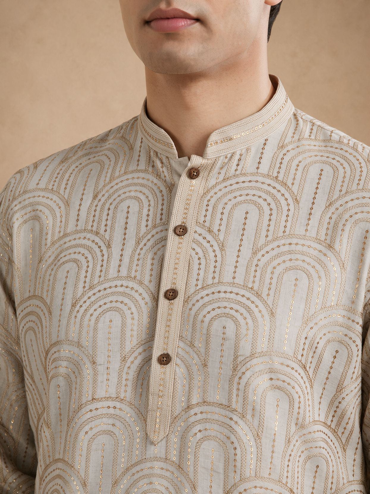Manyavar Men Beige Embroidered Blended Cotton Kurta Pajama