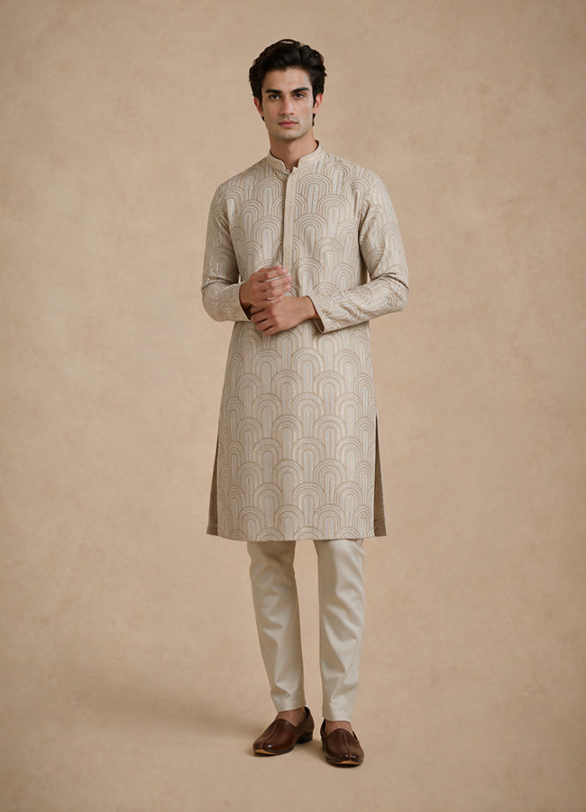 Manyavar Men Beige Embroidered Blended Cotton Kurta Pajama