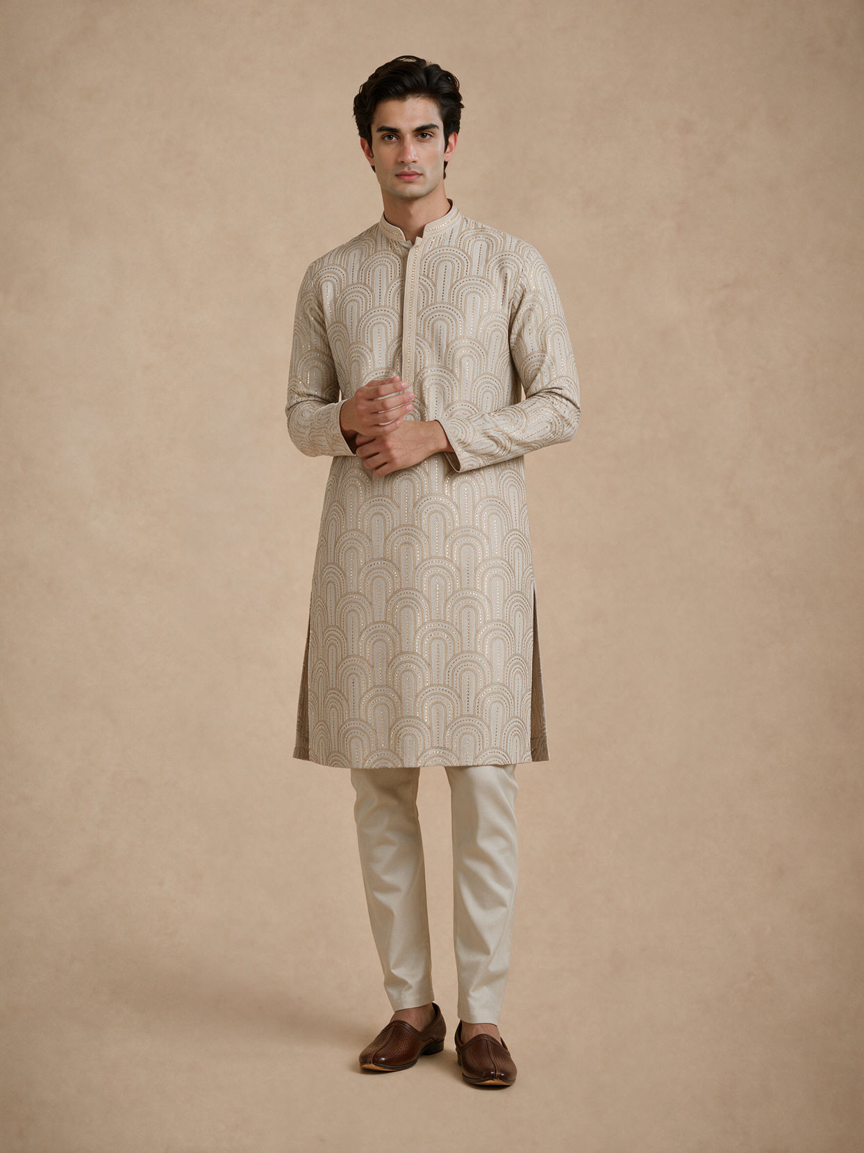 Manyavar Men Beige Embroidered Blended Cotton Kurta Pajama