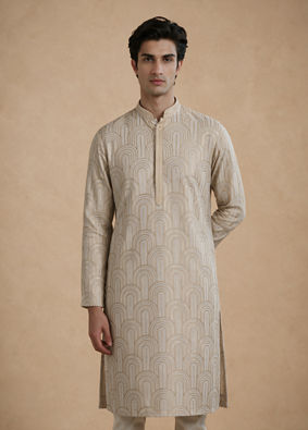 Manyavar Men Beige Embroidered Blended Cotton Kurta Pajama