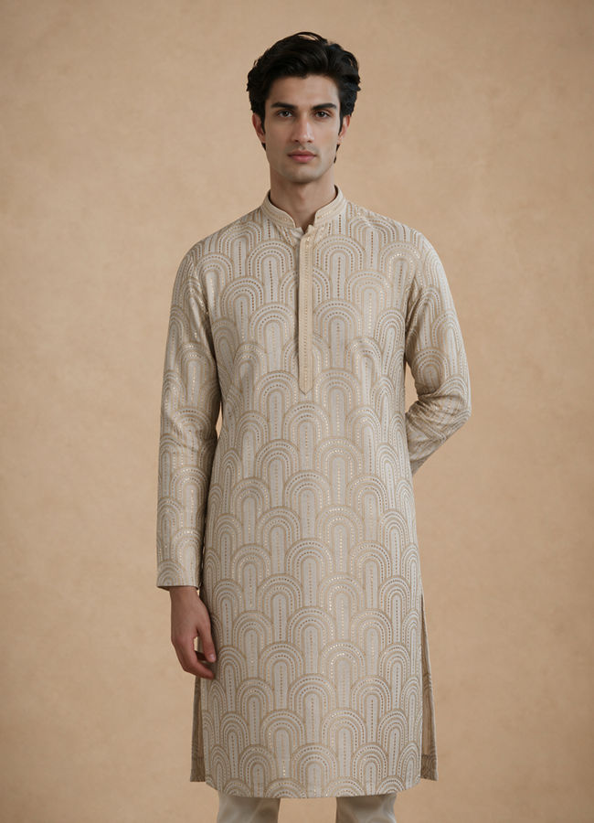 Manyavar Men Beige Embroidered Blended Cotton Kurta Pajama