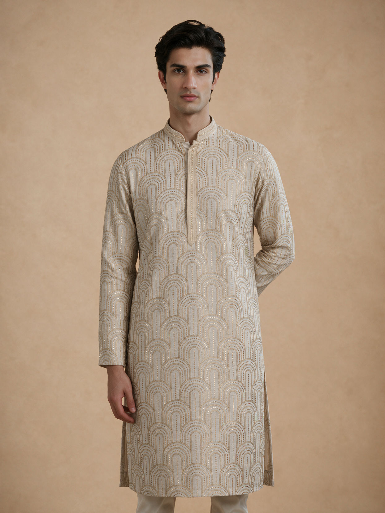 Manyavar Men Beige Embroidered Blended Cotton Kurta Pajama