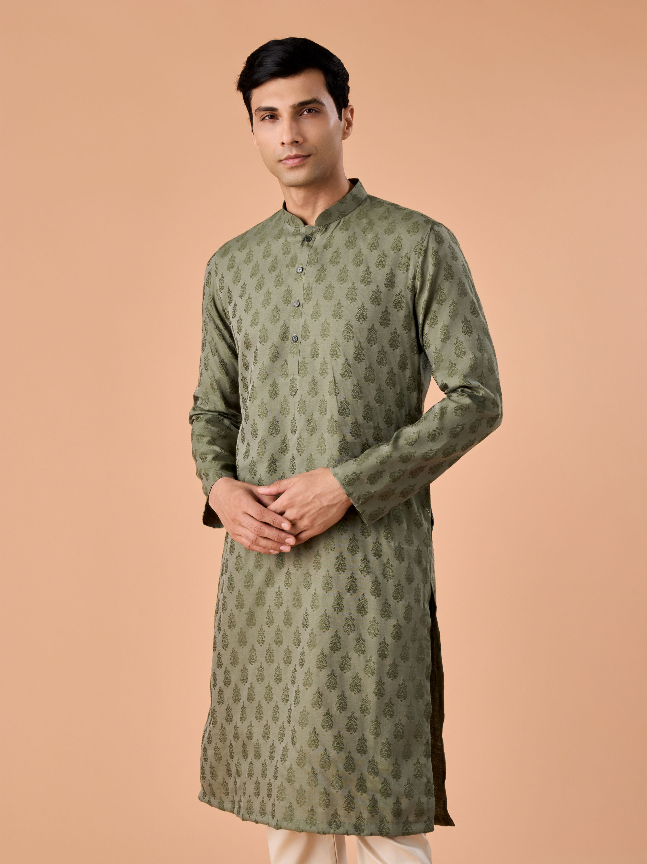 Manyavar Men Olive Green Majesty Kurta Pajama