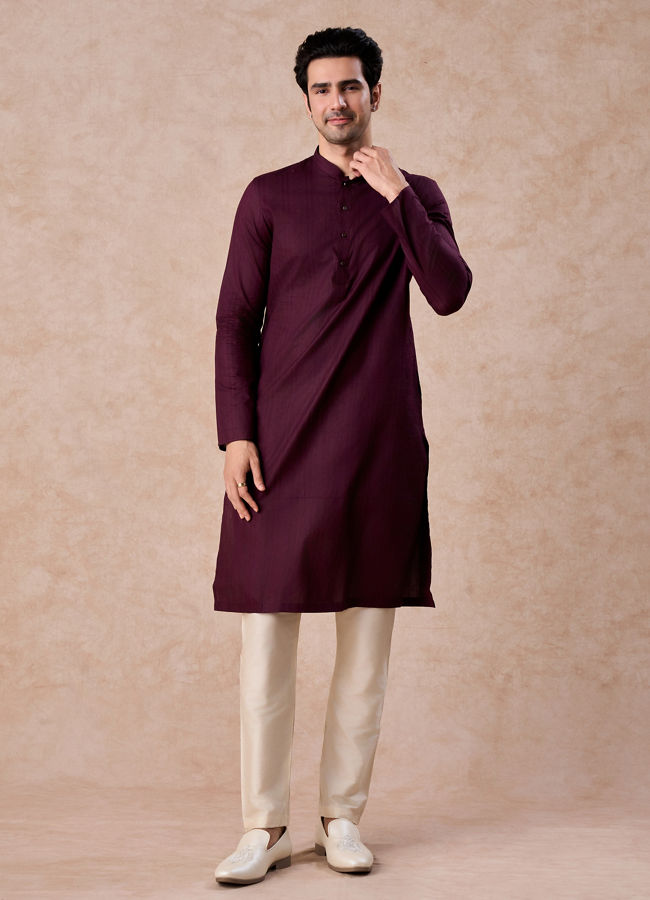 Manyavar Men Wine Cotton Kurta Pajama Set