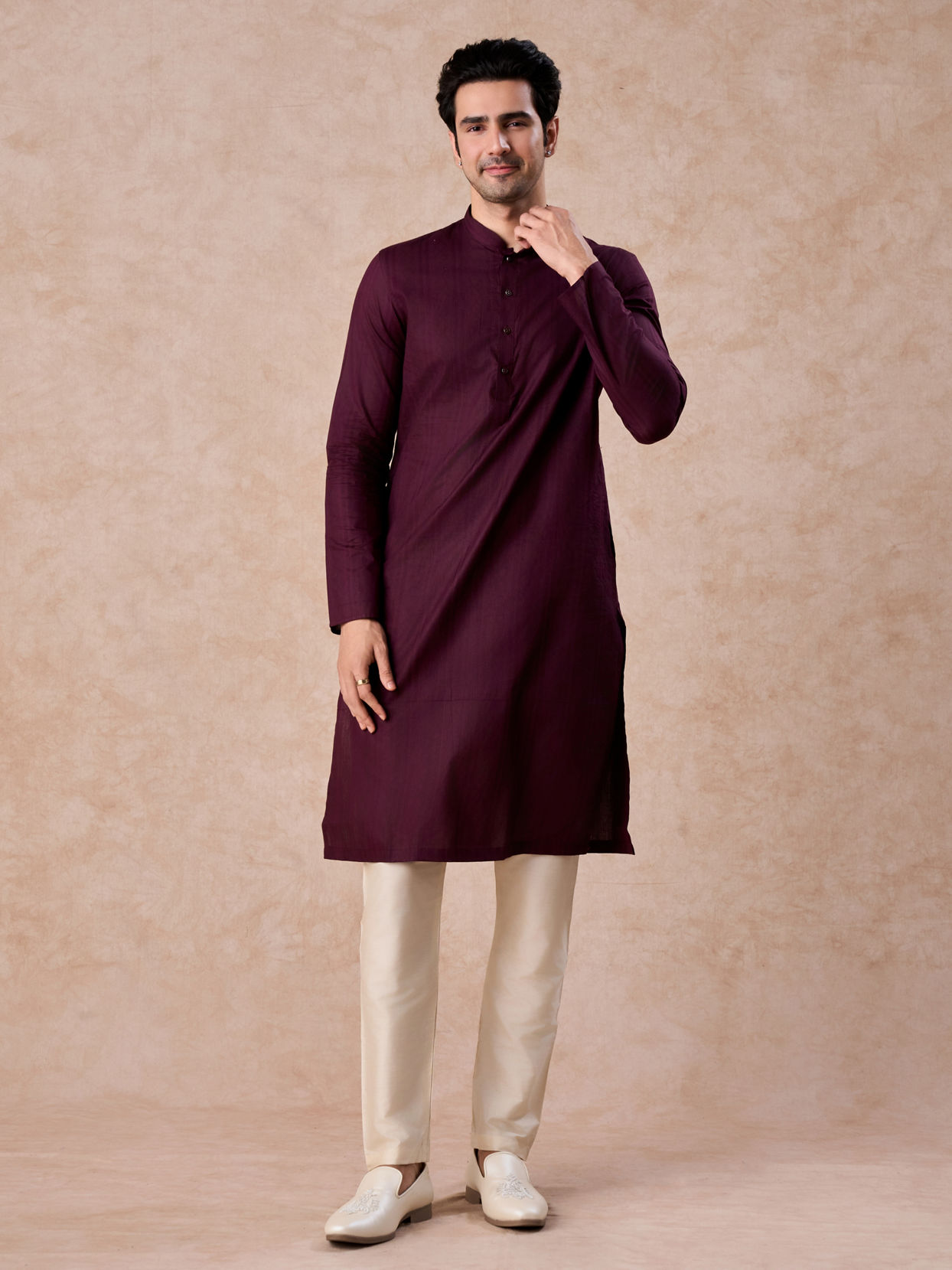 Manyavar Men Wine Cotton Kurta Pajama Set