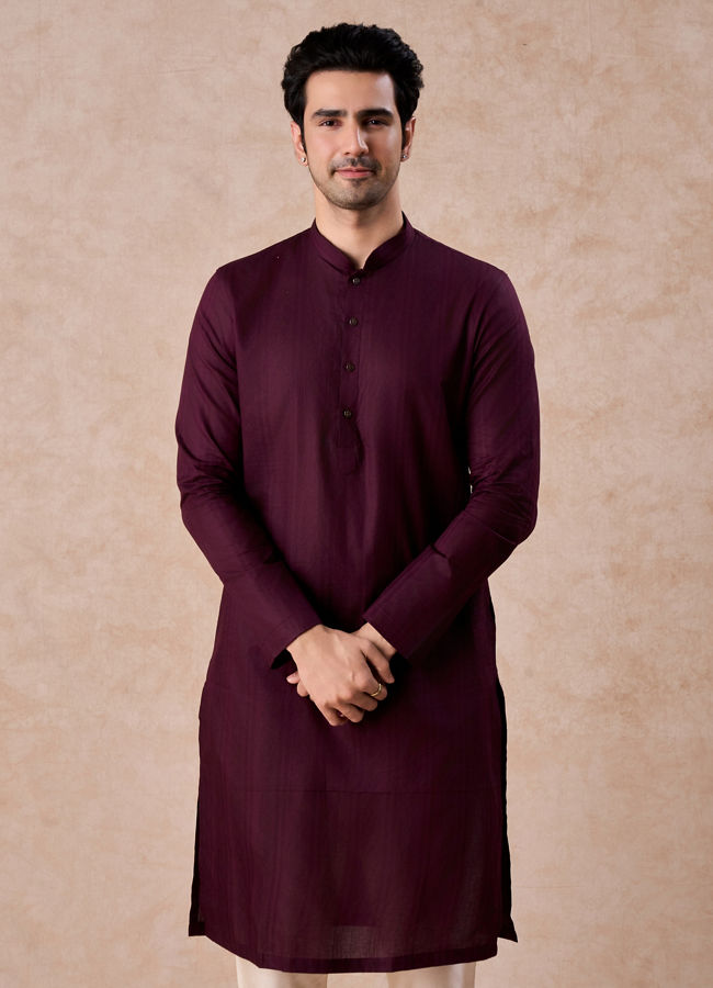 Manyavar Men Wine Cotton Kurta Pajama Set