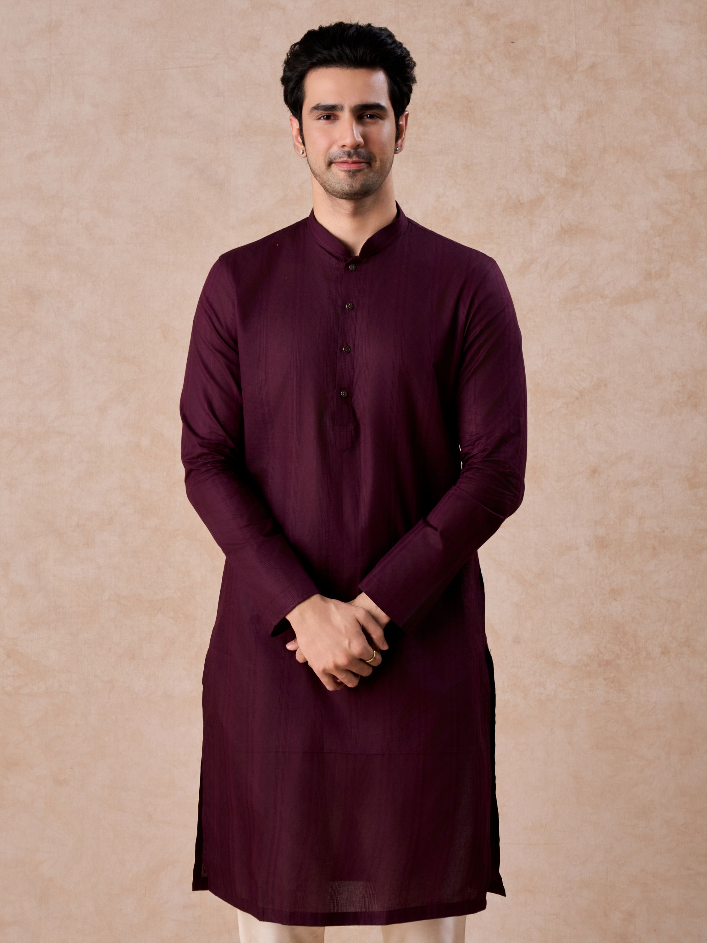 Manyavar Men Wine Cotton Kurta Pajama Set