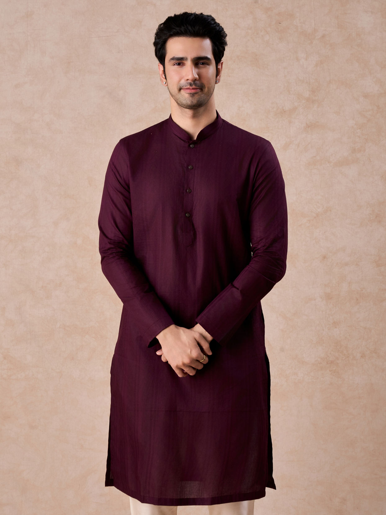 Manyavar Men Wine Cotton Kurta Pajama Set