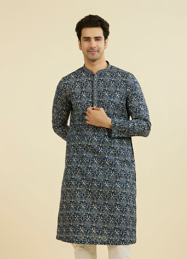 Manyavar Men Regal Mid Blue Ensemble Kurta Pajama
