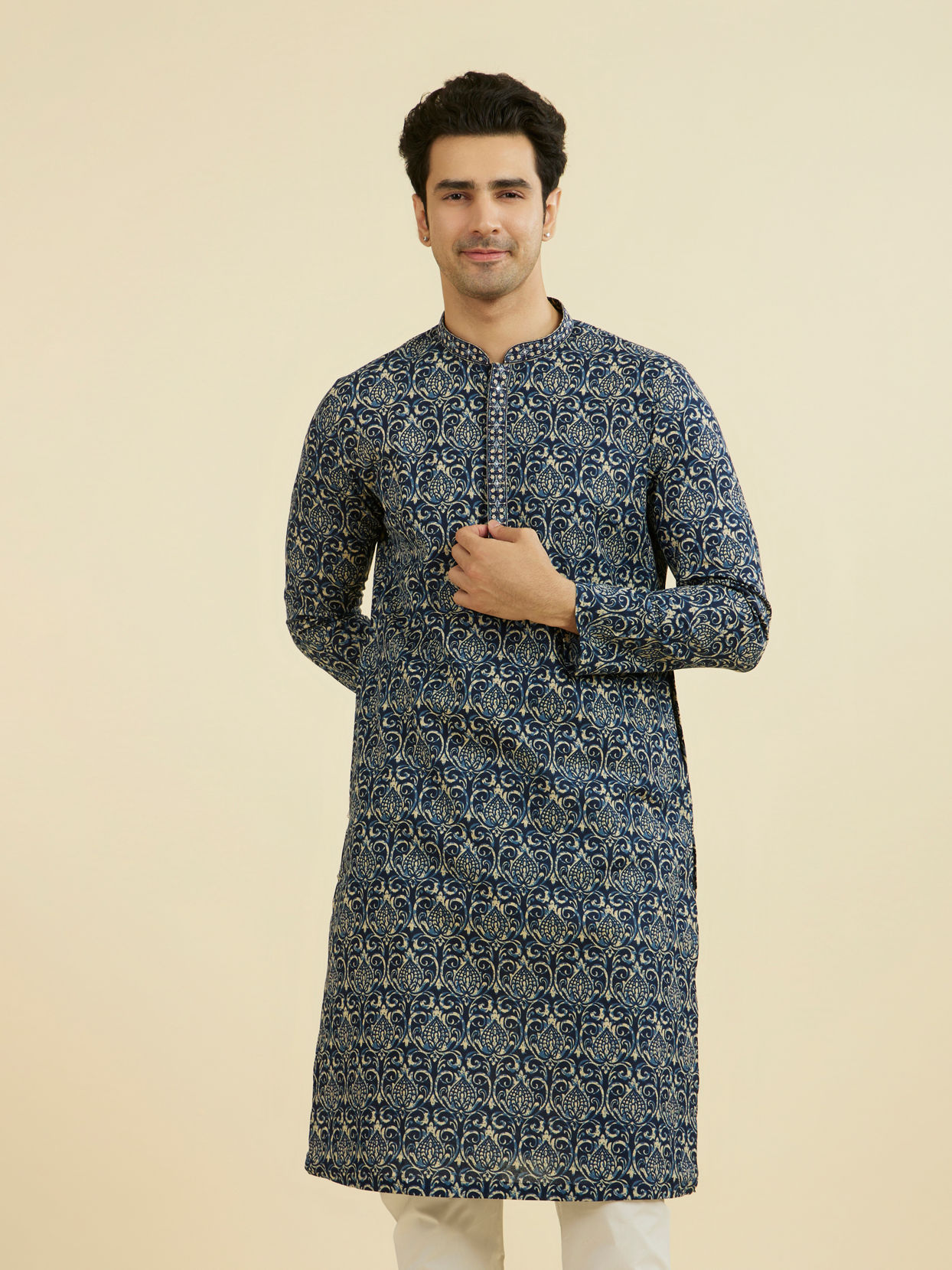 Manyavar Men Regal Mid Blue Ensemble Kurta Pajama