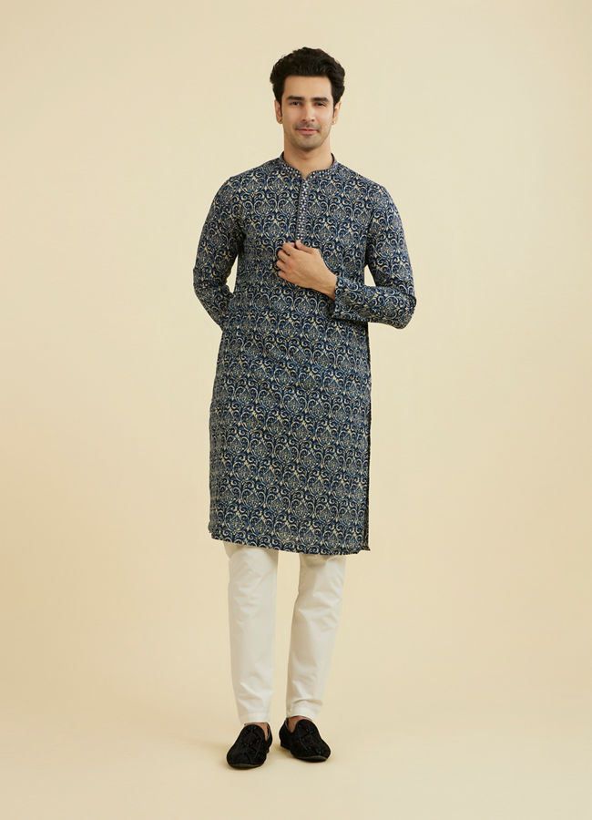 Manyavar Men Regal Mid Blue Ensemble Kurta Pajama
