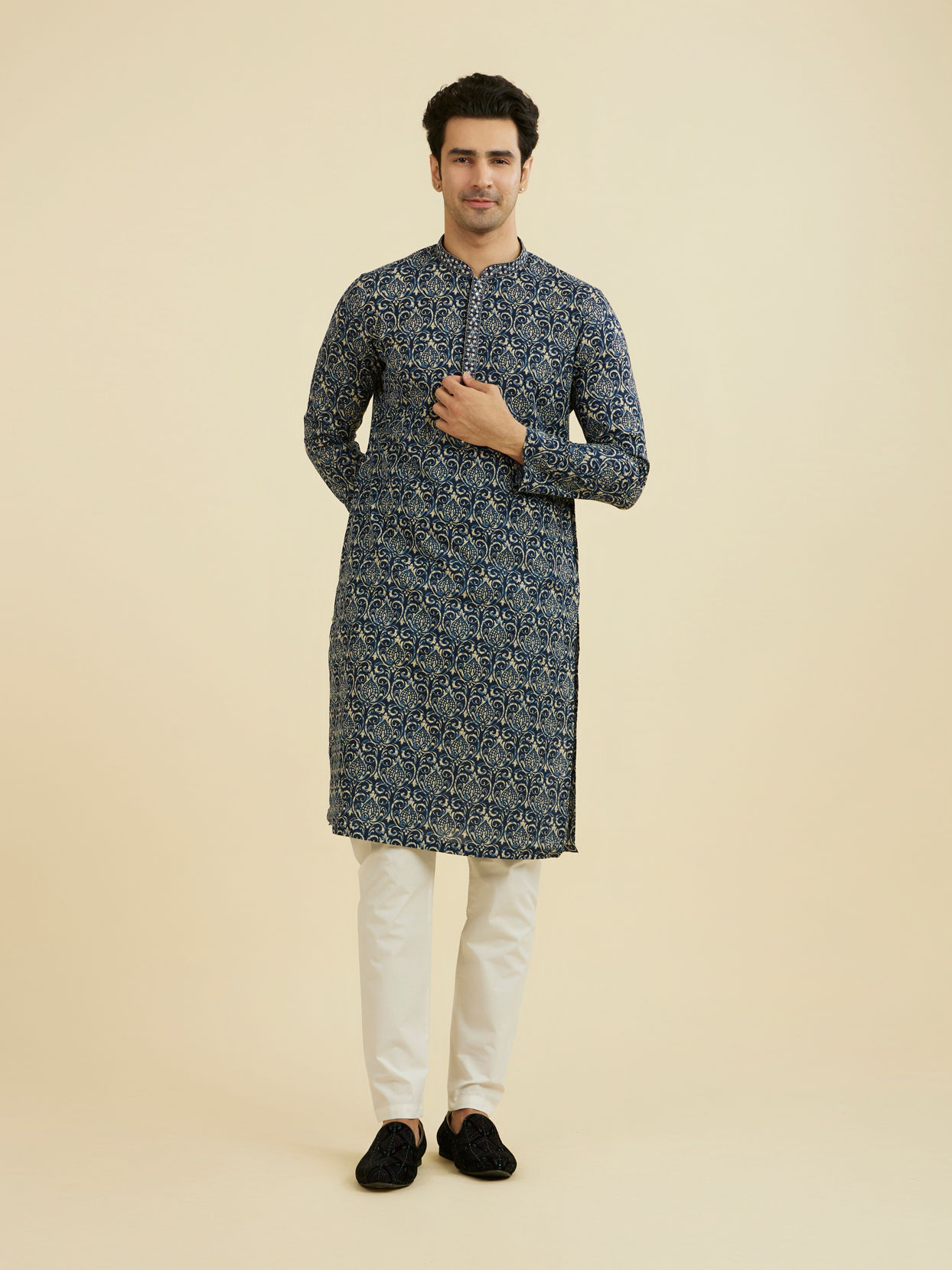 Manyavar Men Regal Mid Blue Ensemble Kurta Pajama