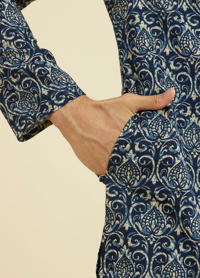 Manyavar Men Regal Mid Blue Ensemble Kurta Pajama