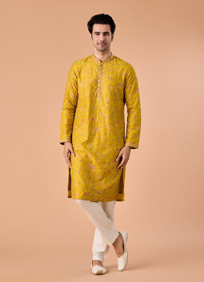 Manyavar Men Mehndi Green Grandeur Kurta Pajama