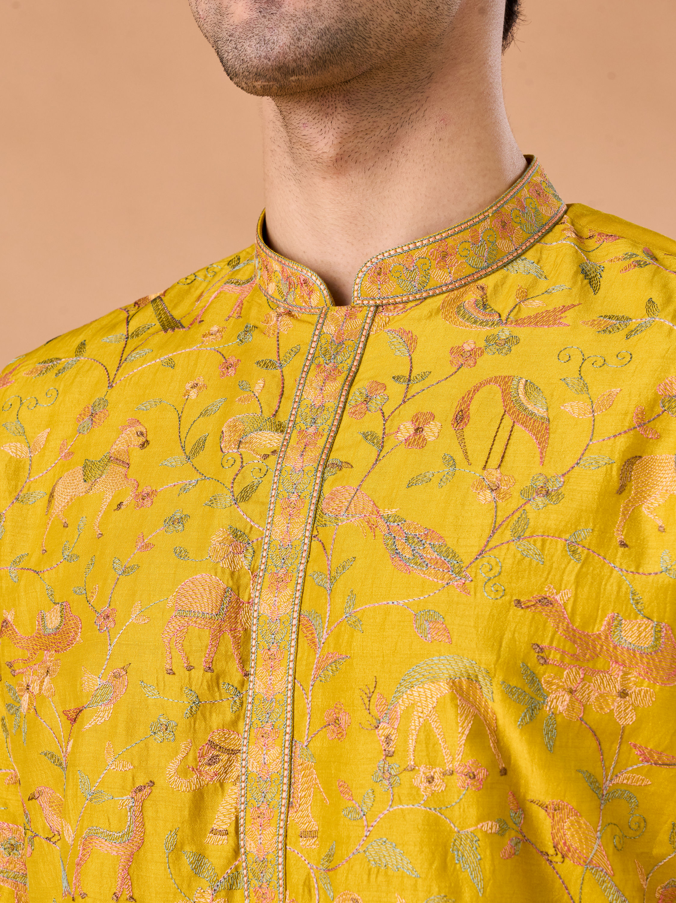 Manyavar Men Mehndi Green Grandeur Kurta Pajama