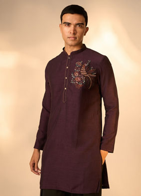 Manyavar Men Purple Silk Kurta Pant with Embroidery