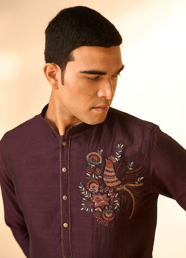Manyavar Men Purple Silk Kurta Pant with Embroidery