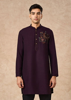 Manyavar Men Purple Art Silk Kurta Pant with Embroidery