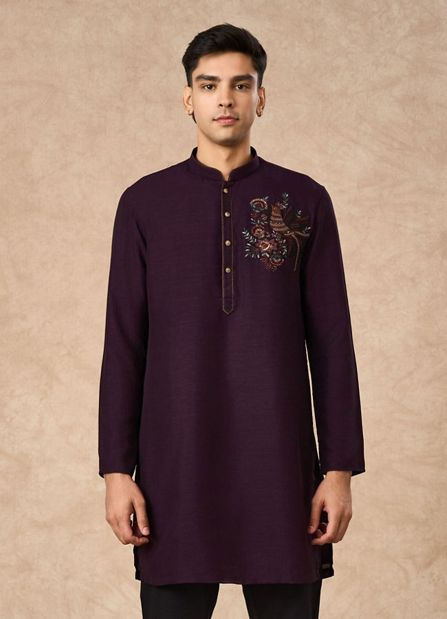 Manyavar Men Purple Art Silk Kurta Pant with Embroidery